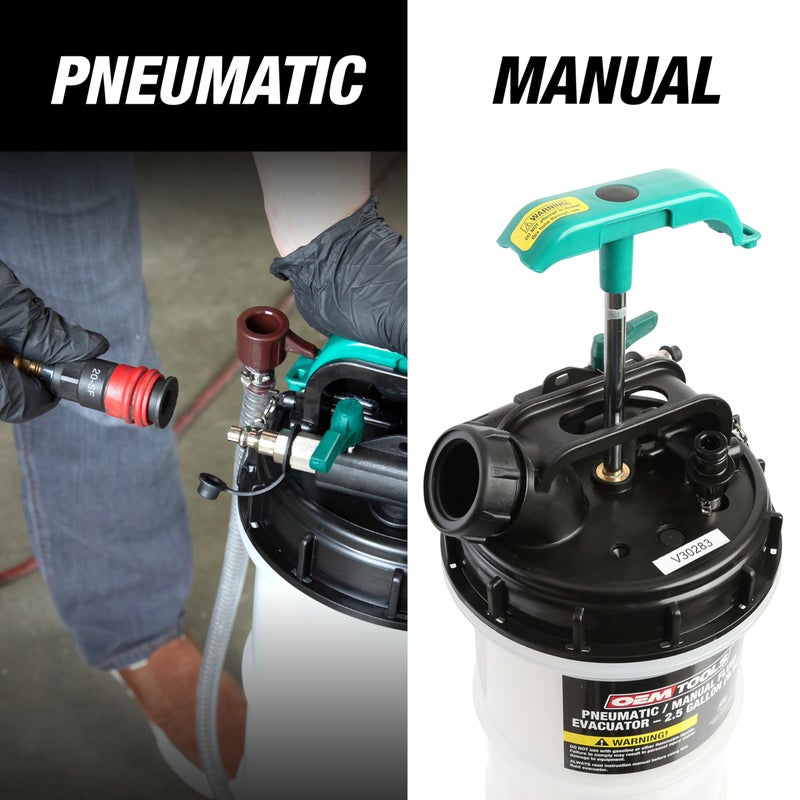 OEMTOOLS 24938 Pneumatic/Manual Fluid Extractor, 2.5 Gallon (9.5L) Oil Extractor Pump, for Coolant, Transmission, and Power Steering Fluid, 2 Dipstick Adapters, 5ft Hose - Image 2